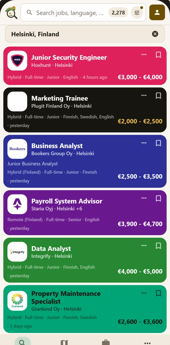 The JobCrawls app's job feed for Helsinki, with salary ranges on each job card